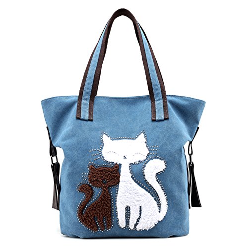 MIFXIN Damen-Schultertasche aus Segeltuch mit Katzenmotiv – Handtasche aus Segeltuch – Reise-Strandtasche – Retro-Handtasche für Mädchen, Damen, blau, 12 x 14.2 x 6.3inches