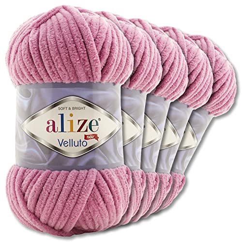 Wohnkult Alize 5x100 g Velluto Premium Wolle 30 Auswahl Chenillegarn Samtwolle Amigurumi Decken Accessore Kleidung DIY (98 | Rose)