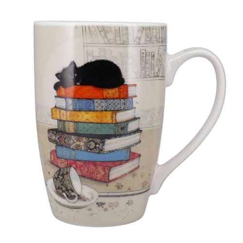 KIUB Sehr große Tasse aus Porzellan, abgerundet, Motiv Katze auf Büchern, Höhe 12 cm, Fassungsvermögen 490 ml, farblich sortiert