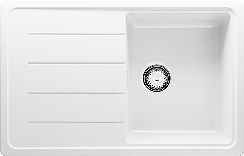 Spülbecken Weiß 78 x 50 cm, Granitspüle + Siphon Klassisch, Küchenspüle ab 45er Unterschrank in 5 Farben mit Siphon und Antibakterielle Varianten, Einbauspüle von Primagran