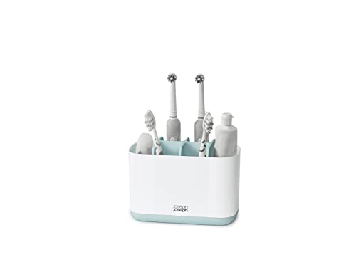 Joseph Joseph - Easy-Store - Zahnbürsten- und Zahnpastahalter, hygienisch, kompatibel mit elektrischen Zahnbürsten, 5 Fächer + Fach für Zahnseide, Kunststoff - groß - weiß/blau