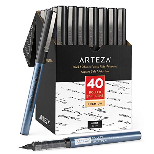 ARTEZA Fine Point Kugelschreiber 40er Set, schwarz, flüssige Tinte, sehr dünne Nadel Spitze 0,5 mm, erstellen Sie präzise Linien zum Schreiben, Notizen und Zeichnen