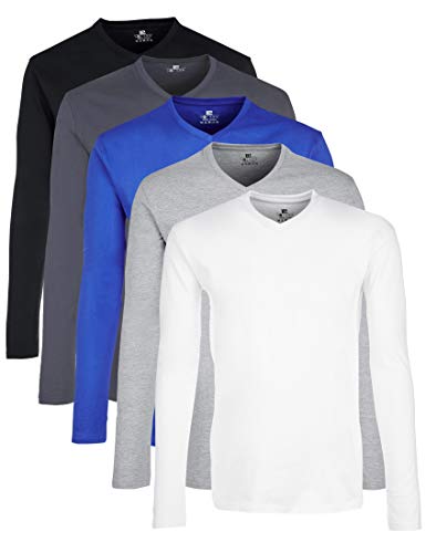 Lower East Herren Langarmshirt mit V-Ausschnitt, Schwarz/ Rauchblau/ Königsblau/ Hellgrau Melange/ Weiß (5er Pack), M