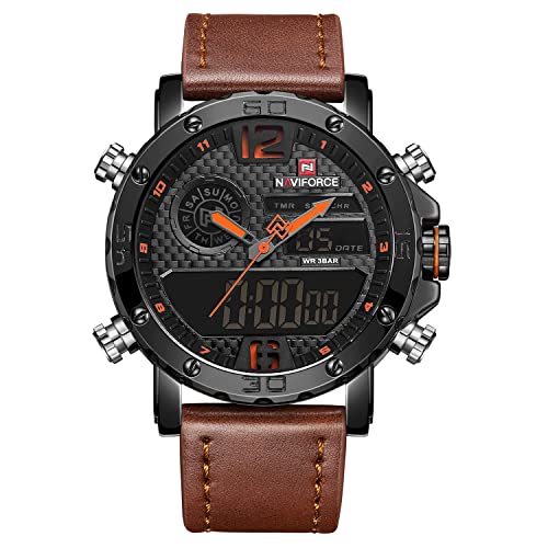 NAVIFORCE Herren wasserdichte Sportuhren Leder Digital Analog Watch Luxus Casual Dual Time Armbanduhr(B/O/BN)