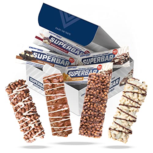 Energybody Superbar Mix Box 12 x 50 g zuckerarme Proteinriegel Eiweißriegel ohne Zucker (fast, nur 2g/Riegel) für Low Carb Ernährung geeignet