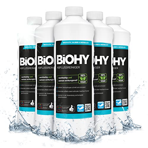 BiOHY Abflussreiniger (6x1l Flasche) | mit spezieller Haarweg-Formel | Bio Abflussreiniger für Küche & Bad | entfernt selbst hartnäckigste Verstopfungen | ohne ätzende Dämpfe & Gerüche