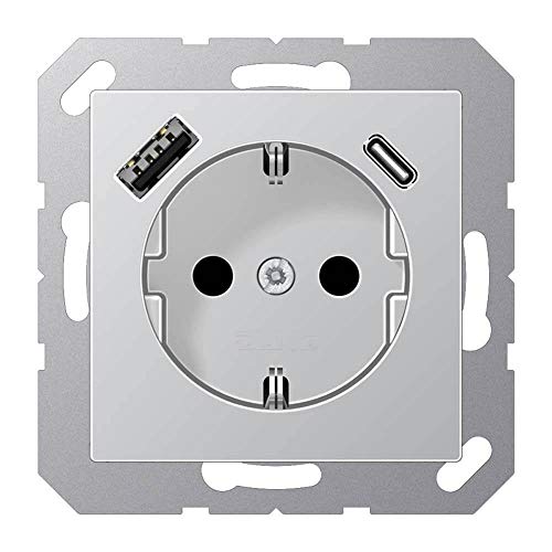 Jung A1520-15CAAL SCHUKO-Steckdose mit USB Typ AC (max. 3A) Quick Charge mit Kindersicherung (Thermoplast bruchsicher) Aluminium Serie A