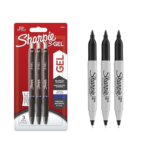 Sharpie S-Gel Gelstifte, mittlere Spitze (0,7 mm), blaue Tinte, 3 Stück, Doppelspitze, feine und ultrafeine Spitze, Schwarz, 3 Stück