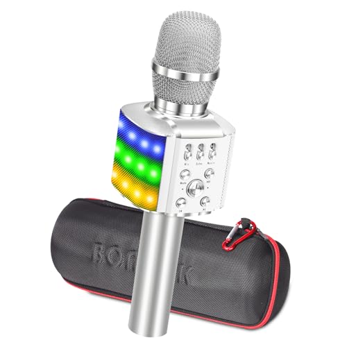 BONAOK Mikrofon mit Lautsprecher Led, Tragbares 4 in 1 Mikrofon Kinder mit Aufnahmefunktion, Zuhause Party Karaoke Dynamische Bluetooth Mikrofone für Android/iOS (Q36 Silber)