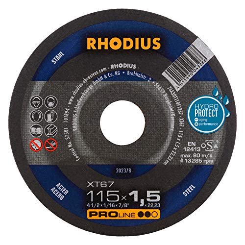 RHODIUS XT67 | 10 Stück Ø 115 mm x 1,5 mm | Trennscheibe Metall | Made in Germany | für Winkelschleifer, Stahl, Eisen, Hartmetall