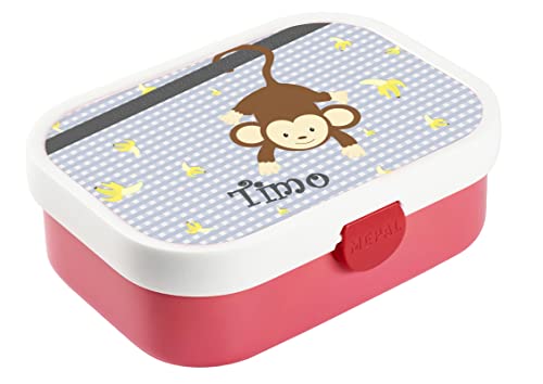 CreaDesign, Brotdose Kinder mit Fächern personalisiert Lunchbox Rosa mit Bento Einsatz, Brotbox mit Unterteilung Affe grau