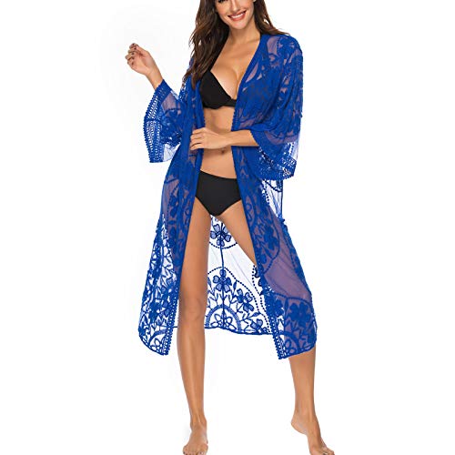 Sexy Kimonos Strickjacken für Damen, Strand-Sonnenschutz, lang, Kimono, Spitze, gehäkelt, Blumenmuster, Strandmode, 005 - Einheitsgröße