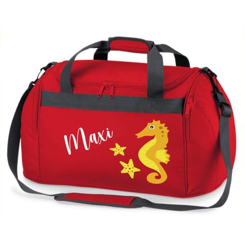 minimutz Sporttasche Schwimmen für Kinder - Personalisierbar mit Name - Schwimmtasche Seepferdchen Duffle Bag für Mädchen und Jungen (rot)