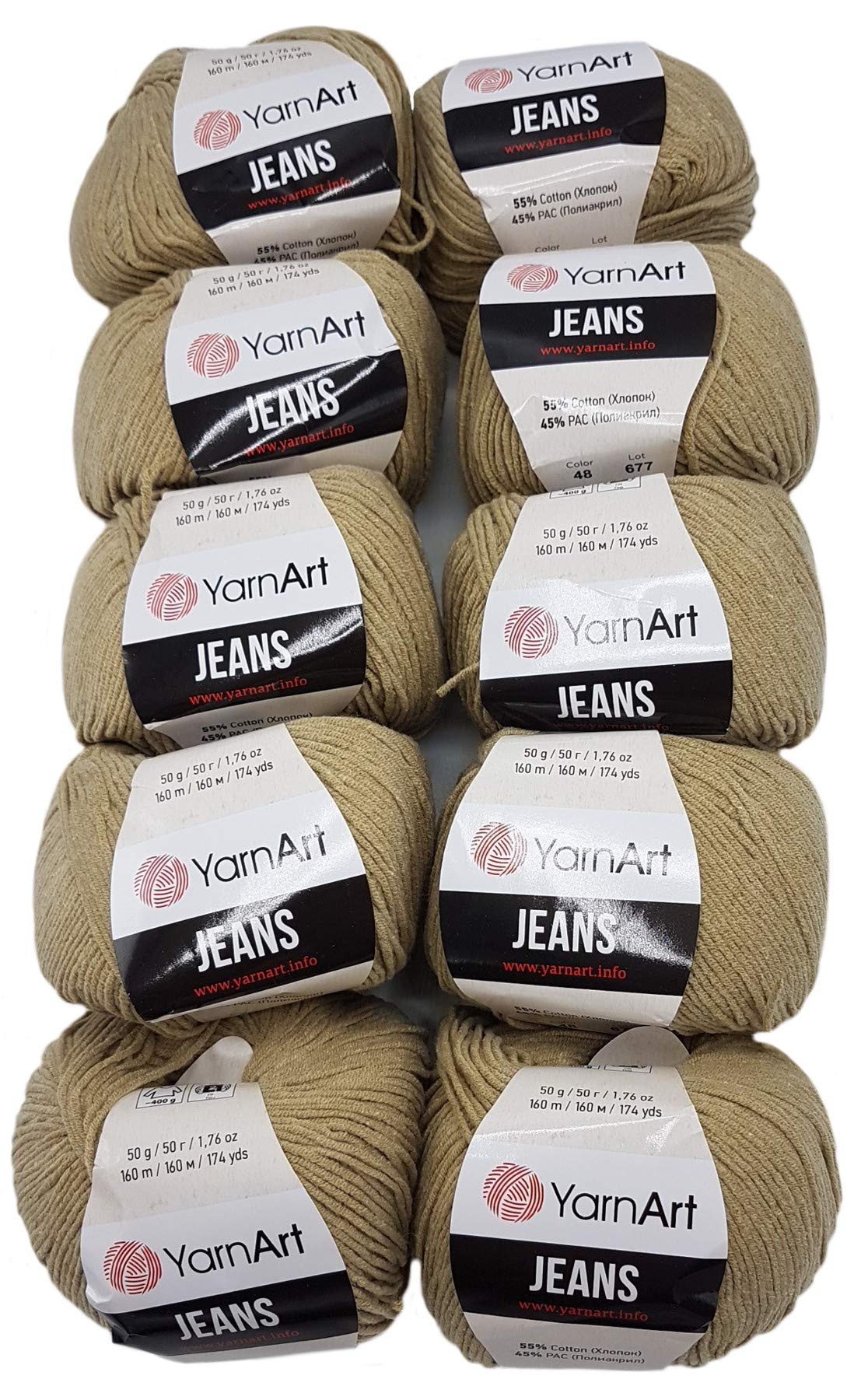 Ilkadim - YarnArt 10 x 50g Strickwolle YarnArt Jeans einfarbig mit 55% Baumwolle, 500 Gramm Wolle einfarbig (Sand 48)
