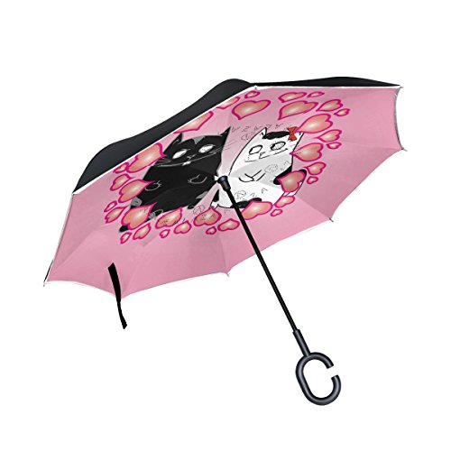 isaoa Gro?e Schirm Regenschirm Winddicht Doppelschichtige seitenverkehrt Faltbarer Regenschirm Verwendung f¨¹r Auto,C-f?rmigem Henkel Regenschirm schwarz Katze und wei? Katze Paar Regenschirm