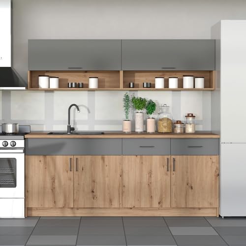 Homestyle4u 2500, Moderne Küche Küchenzeile 200 cm Holz Eiche Grau Küchenblock ohne Elektrogeräte Einbauküche Singleküche