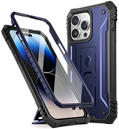 Poetic Revolution Outdoor Hülle Kompatibel mit iPhone 14 Pro 6,1 Zoll, Robuste, stoßfeste Ganzkörper-Schutzhülle mit Ständer und integrierter Displayschutz, Marineblau
