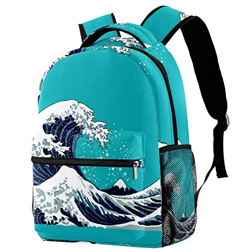 Lorvies Rucksack, japanische Wellen, lässiger Rucksack, Schulterrucksack, Büchertasche für Schule, Studenten, Reisetaschen