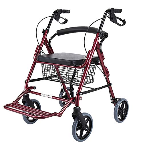 Roter, zusammenklappbarer Gehhilfe aus Aluminium für Senioren/ältere Menschen, mit Sitz, Bremsen und großen Rädern, tragbarer, höhenverstellbarer Gehhilfe, robuste Einkaufswagen-Dekoration