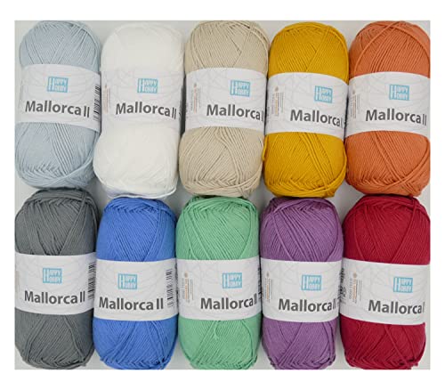 Wollpaket Baumwollgarn Set Baumwolle zum Häkeln und Stricken | Gründl Happy Hobby Mallorca II | 10x100g Wolle Paket 1kg