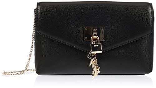 DKNY Women's Elissa Envelope Front Flap Clutch Bag with Chain Strap in Pebble Leather Crossbody, Black/Gold