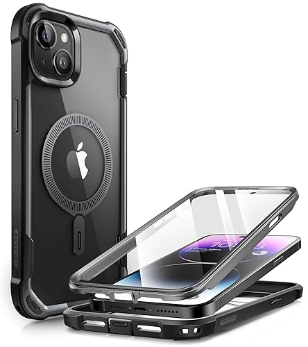 i-Blason Ares Mag Hülle für iPhone 15 / iPhone 14 / iPhone 13 (6.1"), Kompatibel mit MagSafe, Bumper Case Transparent Handyhülle Robust Schutzhülle Cover mit Displayschutz, Schwarz