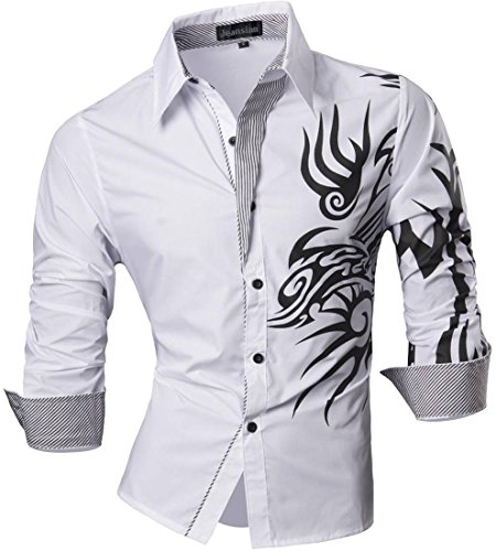 jeansian Herren Freizeit Hemden Shirt Tops Mode Langarmlig Men's Casual Dress Slim Fit Z001 White L