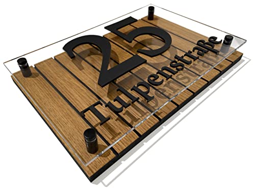 Hausnummer-Schild Adressschild haus hauswand personalisiert holz eiche plexiglass 3d individuelles design (Lamellenmuster 1)