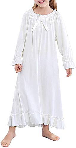 Mädchen Baumwolle Langarm Nachthemd Schlafshirts Pyjama Kleinkind Schlafkleid Prinzessin Nachtwäsche für Mädchen 3-12 Jahre, White 2, 150 cm(10-12 Jahre)