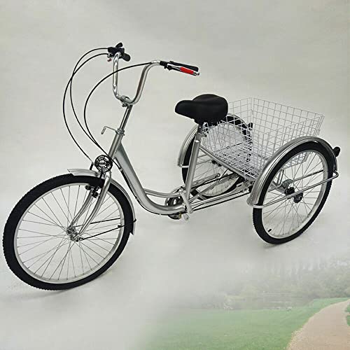 Ethedeal 24" Dreirad für Erwachsene mit Einkaufskorb, 6 Geschwindigkeit 3 Rad Fahrrad Senioren Dreirad Cruise Bike, Comfort Fahrrad für Outdoor Sports Shopping (Silbrig)