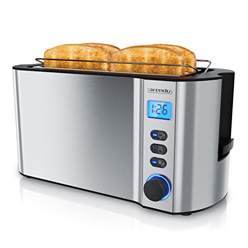 Arendo - Toaster Edelstahl Langschlitz 4 Scheiben - Doppelwandgehäuse - Integrierter Brötchenhalter - Bräunungsgrade 1-6 - Brotzentrierung – automatisch Abschaltung – Display mit Restzeitanzeige