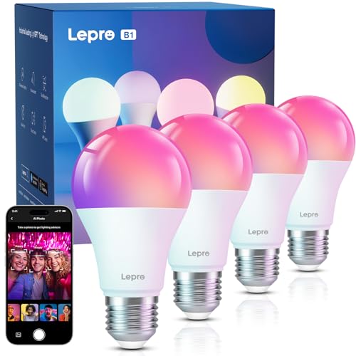 Lepro LED Alexa Lampe B1, AI Smart Glühbirne E27 Musik Sync, LightGPT™ Emotionserkennung&Sprachsteuerung, 806lm RGBCCT 2700-6500k nur 2,4GHz WLAN Birne, Kompatibel mit Alexa, kein Hub, 4 Stück
