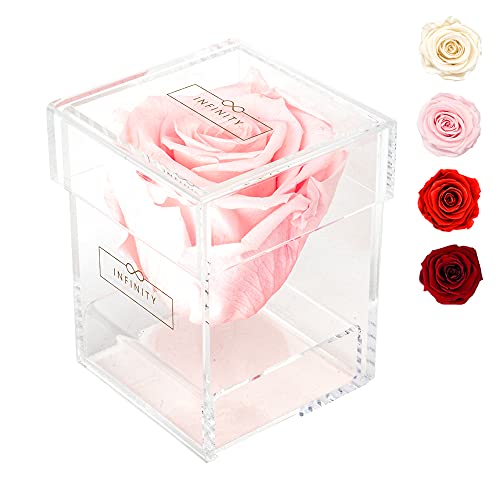 Infinity Flowerbox - Echte Infinity Rosen die 1-3 Jahre halten ohne Wasser | Acrylbox mit Rosa haltbarer Rose - Geschenk für Sie