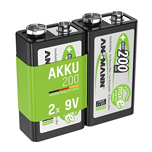 ANSMANN Akku 9V Block 200mAh NiMH 2 Stück mit geringer Selbstentladung - Wiederaufladbare Batterien maxE mit hoher Kapazität - 9 Volt Batterie für Messgerät Multimeter Spielzeug Fernbedienung uvm.