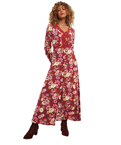 Joe Browns Damen Maxikleid mit geknöpftem Blumenmuster, Boho Lässiges Kleid, rot, 38