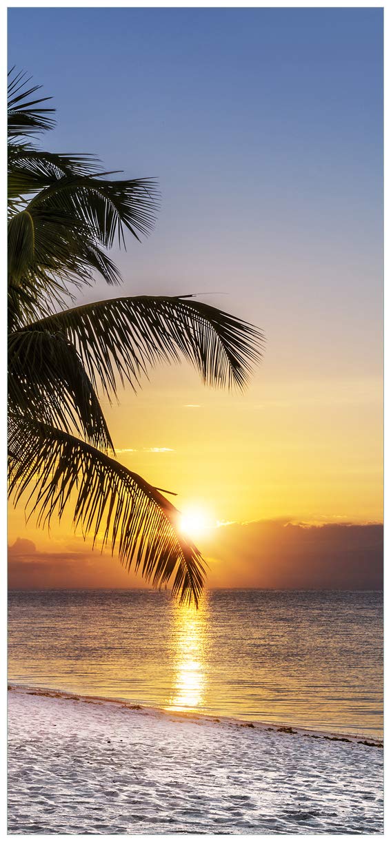 Wallario Selbstklebende Türtapete Palme am Strand - Sonnenuntergang über dem Meer - Türposter 93 x 205 cm Abwischbar, rückstandsfrei zu entfernen