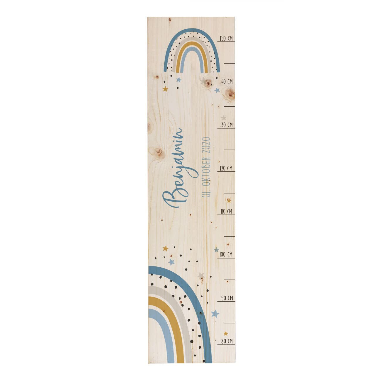 Striefchen® Messlatte für Kinder mit Namen aus Holz für Kinderzimmer mit niedlichen Motiven Messleiste Regenbogen Blau