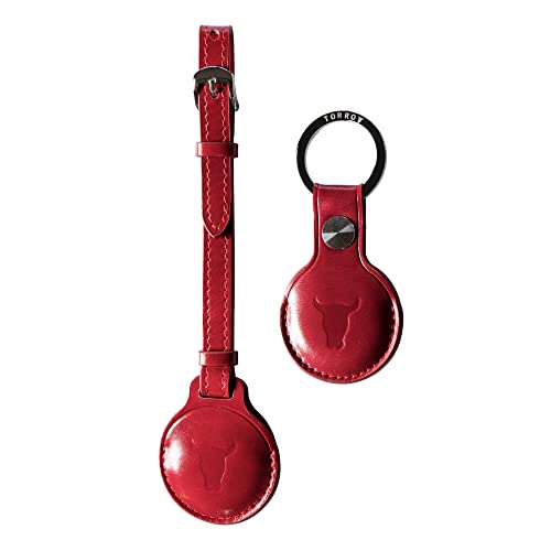 TORRO Echtleder AirTag Schlüsselanhänger & Gepäckanhänger Set [Leicht] [Schlankes Design] [Präzise Ausschnitte] (Rot)