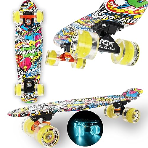 WeLLIFE Skateboard Mini Cruiser Serie RGX Skate 22 Zoll 56 cm für Kinder und Erwachsene, Skateboard mit Leuchträdern PU 78A Cruiser mit Lichtern, mehrfarbig, LED-Blitz ABEC-7