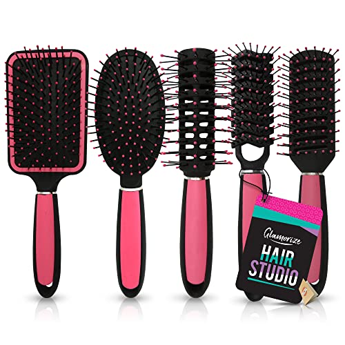 5-teiliges Haarbürsten-Set | enthält eine Paddelbürste, Kissenbürste, Zick-Zack-Bürste, runde Bürste und belüftete Bürste | seidig glatte rosa Haarbürsten | inkl. SOL-Notizbuch