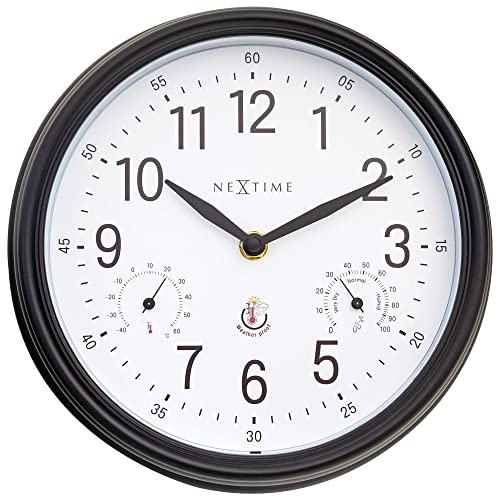 Wall Clock (Garden/Inside) 23,5 cm-Time/Temp/Humidity-Black/White-Plastic-NeXtime Jasmine