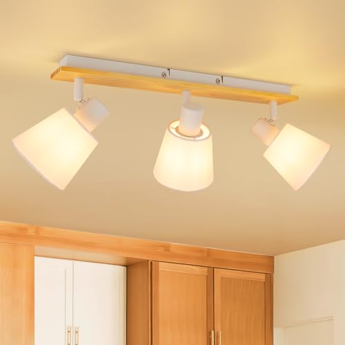 Ketom Deckenstrahler LED Stoff Holz Schwenkbar - Strahler Deckenleuchte 3 Flammig - Deckenlampe Spots Weiß E14 - Ohne Leuchtmittel