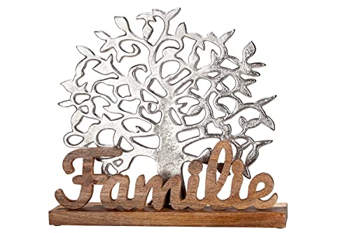 GILDE Dekofigur Lebensbaum Familie, silberfarben, (1 St.), Dekoobjekt, Höhe 41 cm, mit Schriftzug, aus Metall & Holz, Wohnzimmer