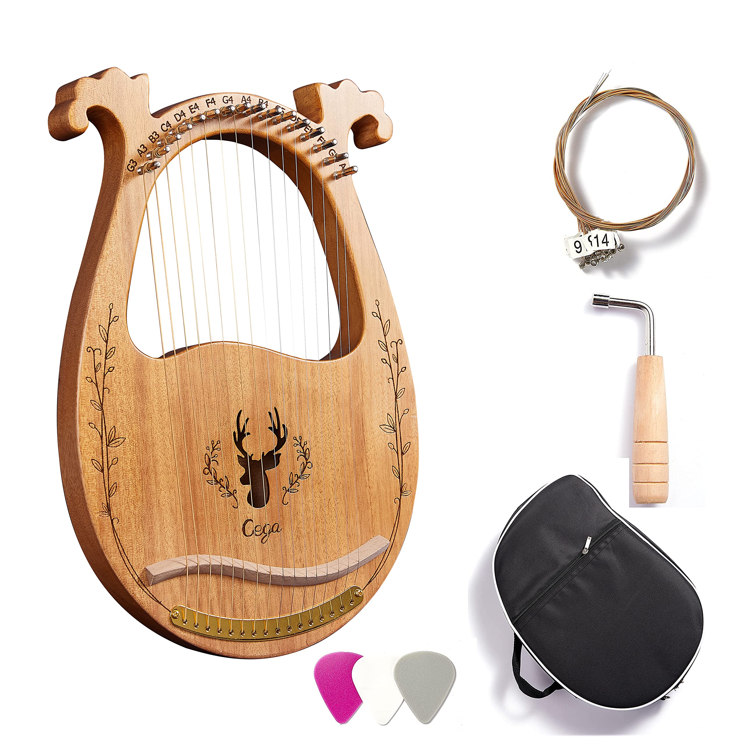Harfe Instrument,Mahagoni Saiteninstrument Tragbare 16 Saiten Lyre Harfe für Erwachsene Kinder Anfänger,Metall Saiten,Mit Stimmschlüssel Und Saiten,Tragetasche