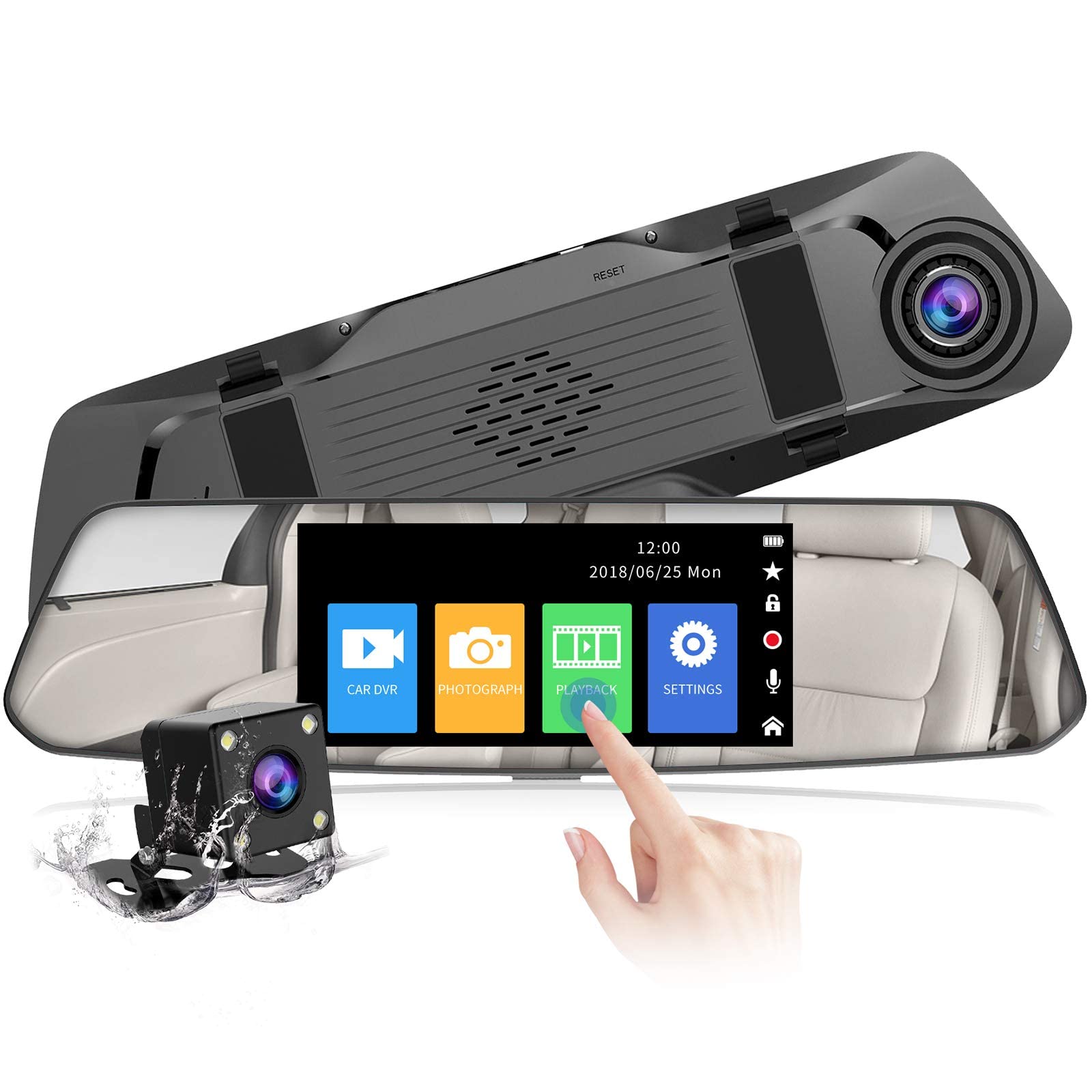 【2023 Version】 CHORTAU Spiegel Dashcam 4,8 Zoll Touch Screen Full HD 1080P, Weitwinkel Frontkamera und wasserdichte Rückfahrkamera, Auto Kamera mit Notrufaufzeichnung, Reverse Monitor System