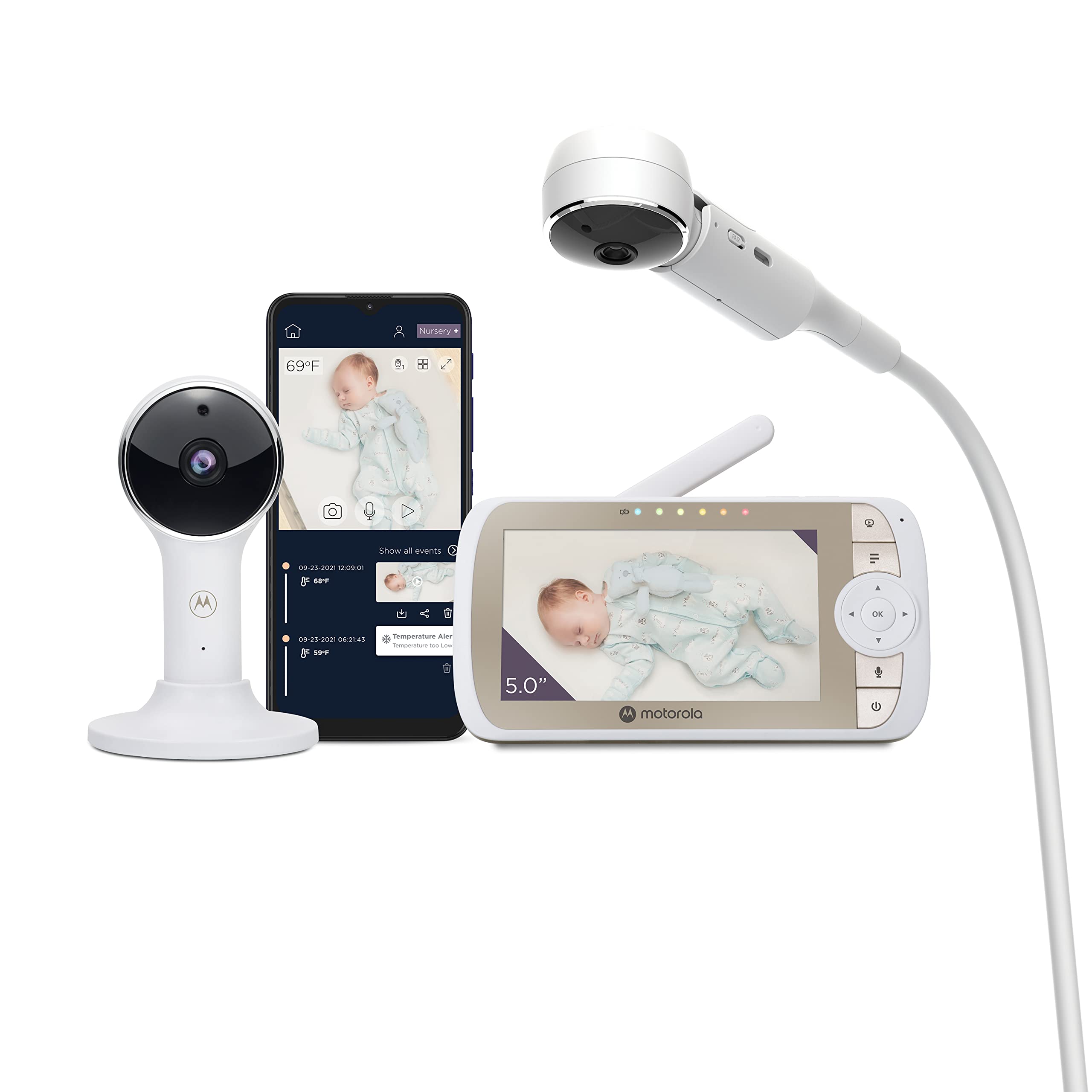 Motorola Nursery VM65X Connect - Video Babymonitor mit Krippenhalter - 5" Full HD 1080p Wi-Fi - Motorola Nursery app - Flexible Magnethalterung für Kamera - Weiß