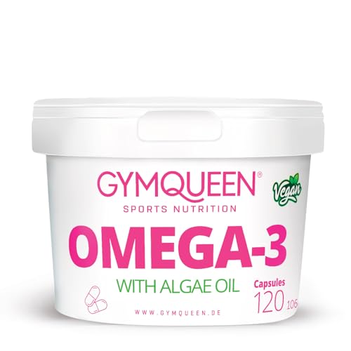 GymQueen Omega 3 vegan, 120 Kapseln, aus wertvollem Algenöl, hoher Gehalt an Omega-3-Fettsäuren, optimales 1:2-Verhältnis von EPA/DHA, ideal für die tägliche Einnahme