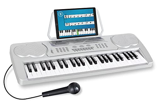 McGrey BK-4910SR Keyboard - Kinder Keyboard mit 49 Tasten - Einsteigerkeyboard mit 16 Sounds und 10 Rhythmen - Piano mit Lernfunktion, Mikrofon für Gesang und Notenständer - Silber