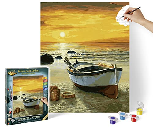 Schipper 609130885 Malen nach Zahlen – Fischerboot am Strand - Bilder malen für Erwachsene, inklusive Pinsel und Acrylfarben, 40 x 50 cm