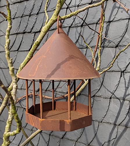 Vogelhaus 30 cm hoch mit Haken zum Aufhängen aus Metall in Edelrost Garten Futterhaus Sommer Vögel Balkon Deko